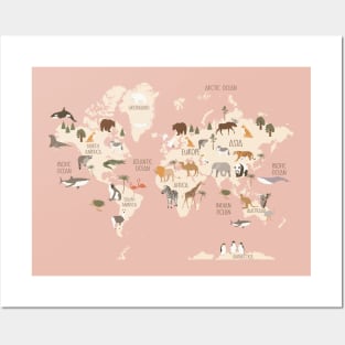 Animal World Map Pink Posters and Art
